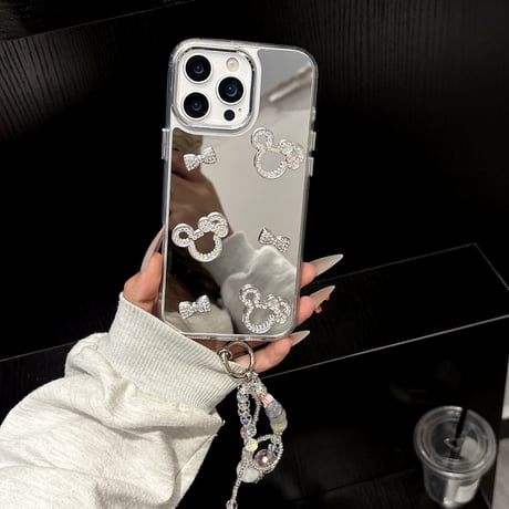 ジュエリーミラー iPhone16/16proケース かわいい ストラップ iPhone15pro/14/13proカバー  メイク直しに便利 人気[M5320]