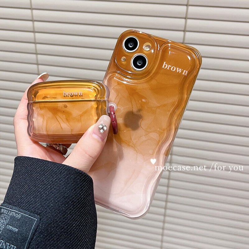 暈し染め 茶色 iphone14pro/13promaxケース 高級感 お揃い Airpods