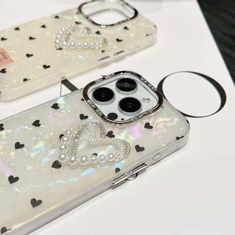 パールハート iPhone15/15proカバー シェル風 iPhone14pro/13pro/12proケース かわいい キラキラ 女子 ギフトに最適[M4079]