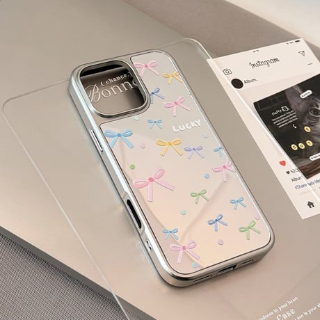 リボン柄 iPhone16pro/16ケース メイク直し鏡 iPhone15/14promax/13proケース 春夏向け 大人可愛い 丈夫[M5213]