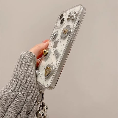 リボン/ハートデコ iPhone15/16proケース ストラップ付 グリッター入り iPhone14/13pro/12ケース  かわいい キラキラ[M3867]