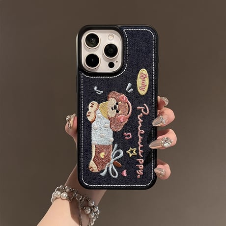 刺繡犬ちゃん iPhone16pro/16ケース デニム素材 iPhone15Pro/14/13proケース 秋冬ファッション 耐久性[M4732]