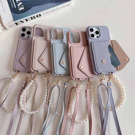 ICカード収納 iPhone15pro/15カバー パールストラップ/革ショルダー付 アイフォンSE/14pro/13プロケース 高品質便利 [M4325]