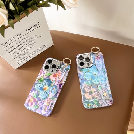 ベルト付 花柄 iPhone15Pro/15promaxカバー キラキラおしゃれ アイフォン14プロ/13/12ケース 光る [M4382]
