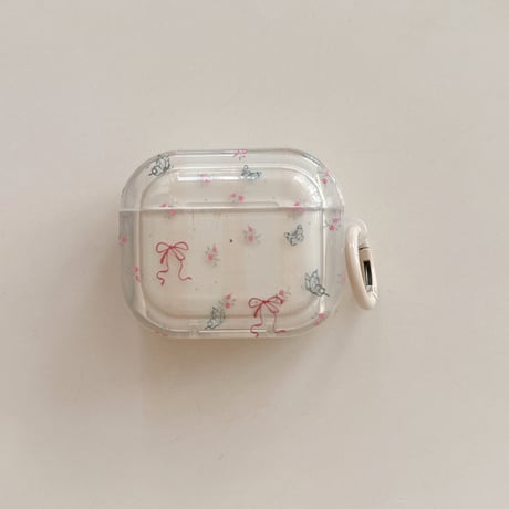 リボン柄 Airpods Pro3ケース 淡色系蝶柄 Airpods 4/3カバー AirpodsPro2/1  リング付き 春コーデ [M6126]