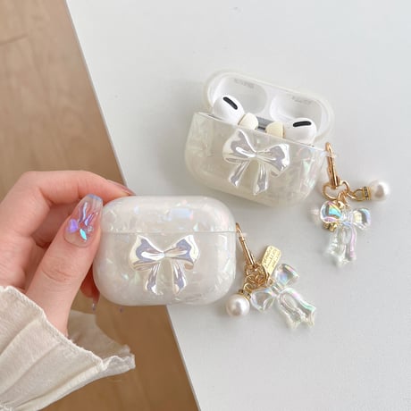 【Airpods 4】キラキラリボン AirpodsPro2ケース 貝殻紋 airpods3/2/1ケース  オシャレリボンアクセサリー付 ソフト ギフトに最適 [M2676]