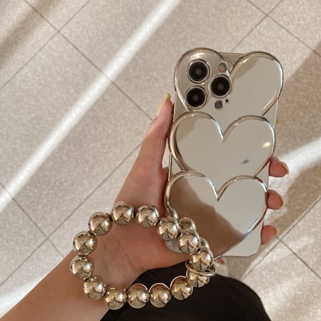 ハート型ミラー アイフォン14/13proケース 高級感シルバー ストラップ付  iphone12/11カバー  艶あり 個性 お洒落[M2110]