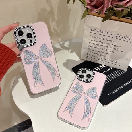 ラメリボン iPhone16pro/16ケース キラキラ ピンク iPhone15pro/14/13promaxケース おしゃれ 女子力UP [M5057]