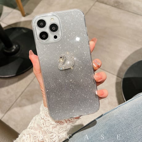 ジュエリーハクチョウ iPhone14/15Proケース 豪華 アイフォン13/12/11カバー ラメ入りシール カメラレンズフイルム付き 綺麗 お洒落[M2743]