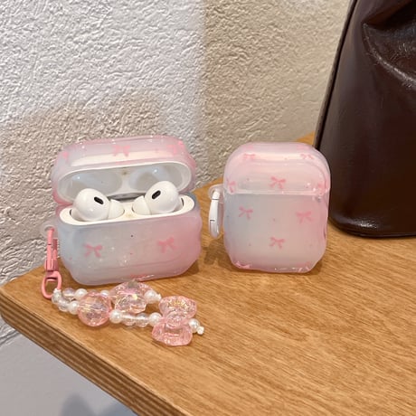 リボン柄 Airpods 4ケース グラデーションカラー ガーリーファッション Airpods3/2カバー Airpodspro2/pro リング/リボンキーチェーン うねうね[M4937]