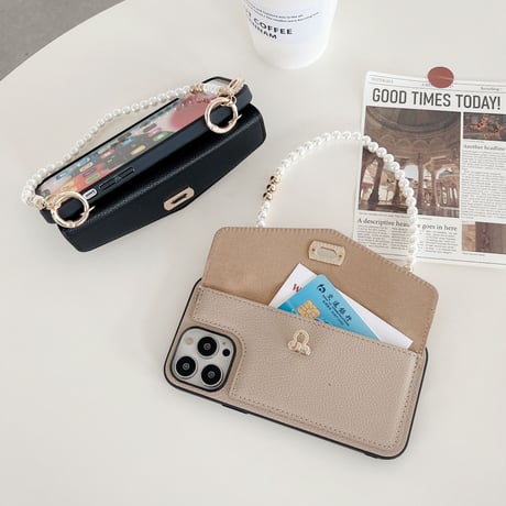 レザー カード収納  iphone14/14promaxケース 真珠ストラップ付 アイフォンSE3/13/12/11PROケース セレブ愛用 高級感 Girlsに大人気[M2473]