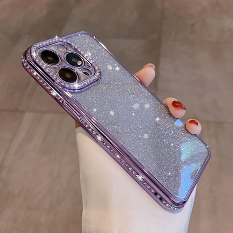 キラキラ紫色 iphone14pro/14promaxケース ラメ入りシール付  アイフォン13/12/11カバー ジュエリー枠  艶あり  オシャレ  人気[M2265]