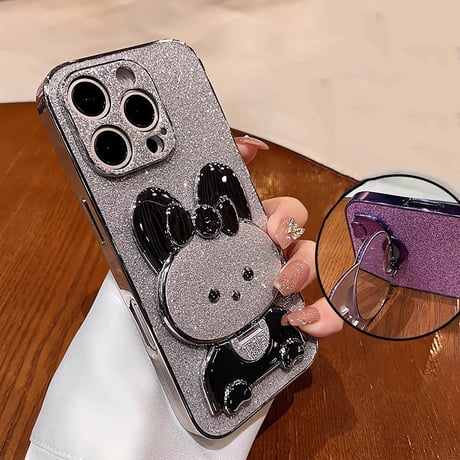 ウサギ鏡兼スタンド iPhone16/16Proケース  キラキラ iPhone15pro/14/13Proカバー 可愛い 多機能 耐衝撃[M4929]