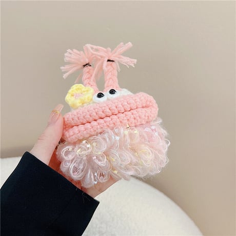 ピンク大きい口モンスター airpods4/3/proケース  花付き ふもふも airpodsカバー   可愛い 柔らかい 温かい キュート[M2227]