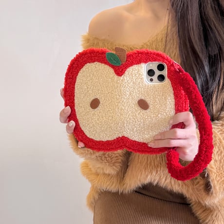 リンゴ手帳型 iphone16/16proケース  ストラップ付 ニット iphone15pro/14/13proケース 可愛い 女子力高い [M5030]