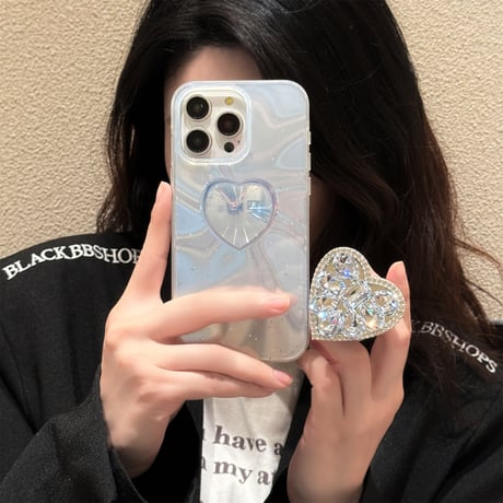 ハートダイヤグリップ iPhone15pro/15ケース オーロラカラー iPhone14pro/13/12proカバー おしゃれ 女子力アップ[M4210]