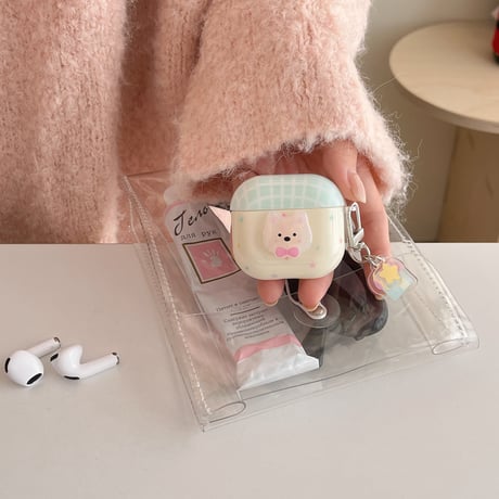 クマちゃん Airpods 4ケース 淡色系 Airpodspro2/proカバー Airpods3/2 キーホルダー付 めっちゃ可愛い ギフトにおすすめ[M4998]