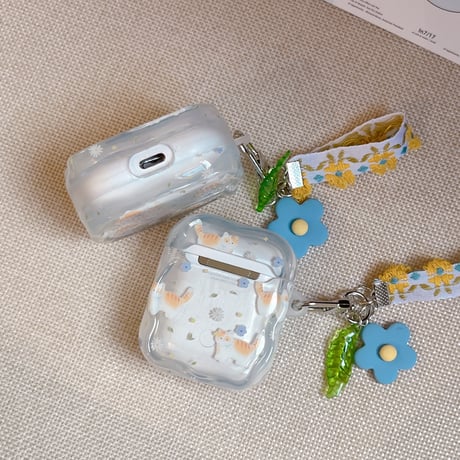 猫ちゃん花柄 Airpods Pro3ケース 刺繍花のストラップ Airpods 4/3カバーケース AirpodsPro2/1  可愛い ギフトに合う [M6185]