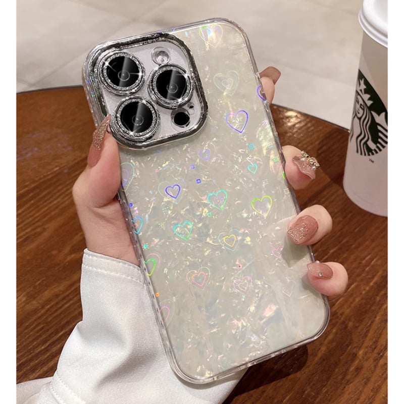 シェル風ハート柄 iPhone16/15proケース キラキラ レンズ保護 iphone14/