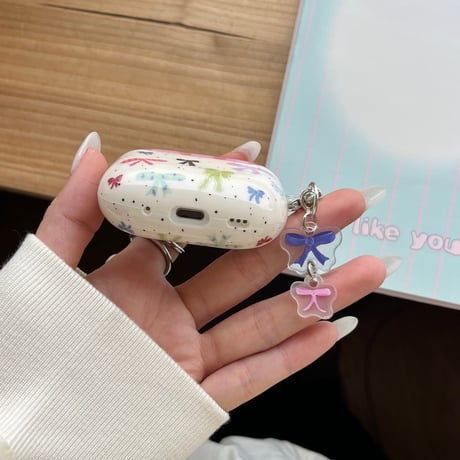 リボン Airpods 4ケース チェック柄 Airpods3/Pro2ケース airpodsproカバー リボンキーホルダー/リング付 [M5101]