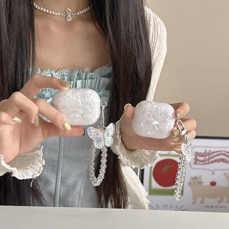 シェル柄 Airpods4ケース 蝶ストラップ AirpodsPro2ケース airpods3/2ケース 艶感 高級感 女子力高い[M5462]