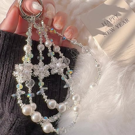 高級感 スマホストラップ 雪花 リボン/ダイヤ 女子力アップ 大人可愛い  iphone、Google Pixe、AQUOS、Galaxyなど全種類対応 [M5001]