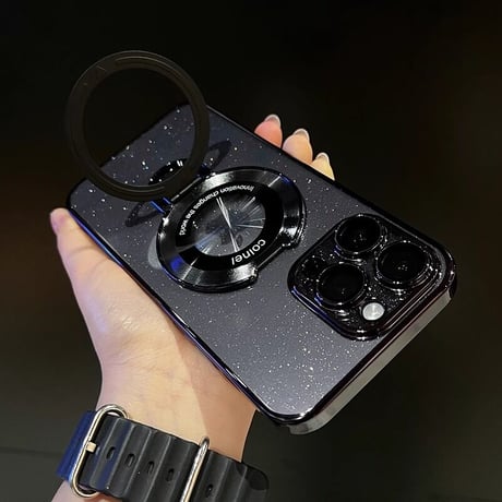 Magsafe対応 iPhone15/15proケース スタンド オシャレ アイフォン14/13proカバー レンズフイルム付 キラキララメ入り [M3620]