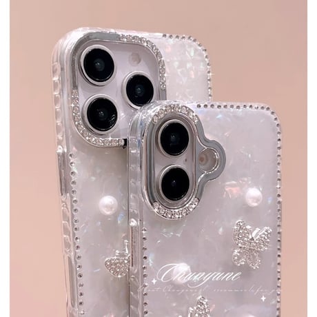 シェル柄 iPhone16pro/16カバー ジュエリー蝶/パールデコ iPhone15pro/14promax/13ケース 上品 大人可愛い エレガント [M5351]