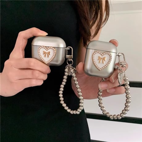 パープルリボン Airpods 4ケース エアーポッズ3/2 金属ビーズストラップ AirpodsPro2/1カバー エレガント めっちゃ可愛い[M4737]