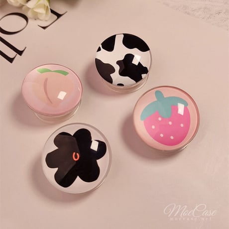 クリスタル スマホグリップスタンド イチゴ/ピーチ/黒花/牛柄 かわいい 粘着タイプ キラキラ 全機種対応 オシャレ トレンド[M3107]