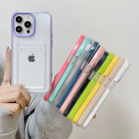 ICカード入れ iphone14pro/15proケース  カラー枠 頑丈iphone13/12/11proカバー   シンプル  お揃い 使いやすい 定番[[M2663]