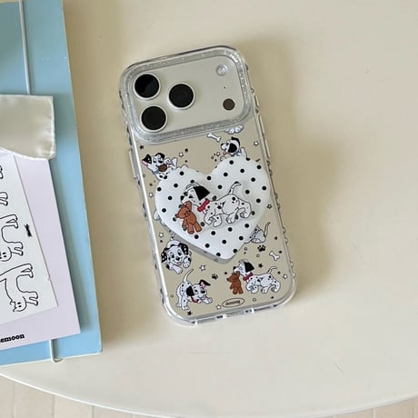 ダルメシアン 鏡付 iPhone17pro/17ケース グリップ付き iPhone16/15promax/14ケース かわいい 多機能便利[M6217]