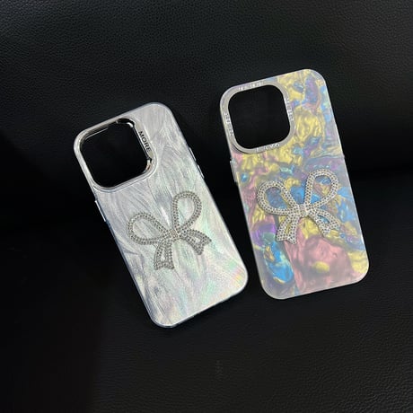 ジュエリーリボン iPhone15/15plusケース シェル風 キラキラiphone14/13/12proカバー 女子力アップ 可愛い[M3967]