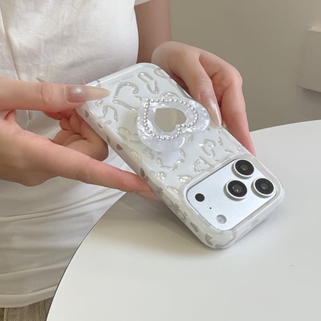 ハート型ミラーグリップ iPhone17pro/17ケース ホワイト ハート柄 iPhone16/15promaxケース かわいい 多機能便利[M6526]