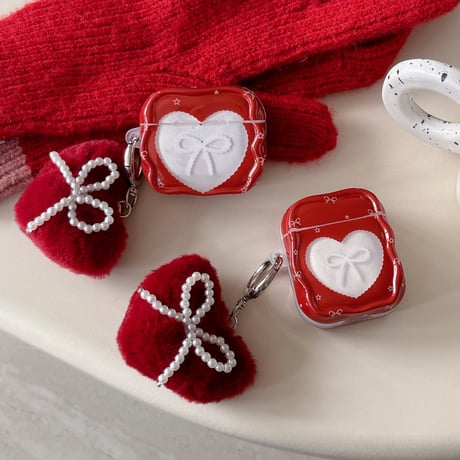 ハート形とリボン柄 AirPods Pro 3ケース ワインレッド 毛玉キーホルダー Airpods 4/3ケース  AirpodsPro2/Pro1カバー パール 女子力アップ[M5997]