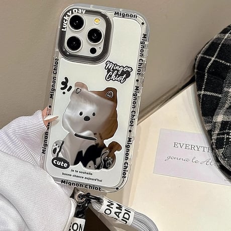 dog 鏡 iPhone15pro/15カバー ストラップ付 アイフォン14pro/13promax/12ケース シック 可愛い[M4330]