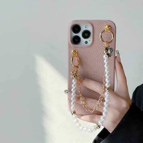真珠ストラップ付 iPhone14/14proカバー レザー アイフォン13/12/11ケース  有名人愛用 秋冬に人気 ギフトにおすすめ[M2574]