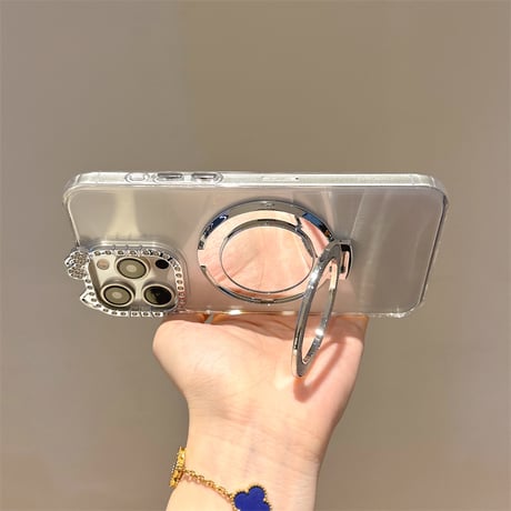 ミラー iPhone17/17Proケース ジュエリーリボンカメラ枠 iPhone17Air/17Promaxカバー スタンド機能 高透明[M5670]