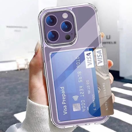 iphone15/14proケース カード収納 2枚 クリア iphone12/13カバー  四隅耐衝撃加工 高透明感 黄ばみにくい[M3505]
