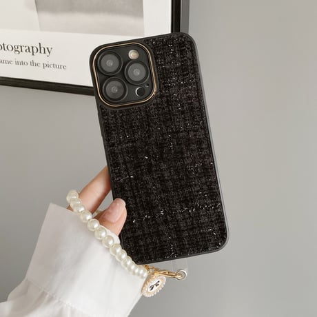 セレブ愛用 iPhone14/14proケース 真珠ストラップ付 アイフォン13pro/12/11カバー ツイード生地  Girls プレゼントにおすすめ[M2535]