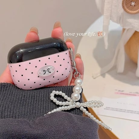 Airpods 4ケース 水玉模様 パールリボンキーチェーン Airpods3/Pro2ケース airpodspro2カバー ピンク 女子力高い 大人可愛い[M5215]