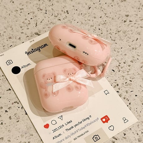 リボン熊ちゃん Airpods4/Pro3ケース ピンク 韓国っぽ Airpods 3カバー  AirpodsPro2/1  リング付 可愛すぎ プレゼントにおすすめ [M6068]