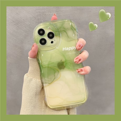 抹茶グリーン暈し染め iPhone13/14カバー Happy高級感 iphone12pro/11ケース  可愛い 透明感 頑丈 波紋枠 落下防止 [M2881]