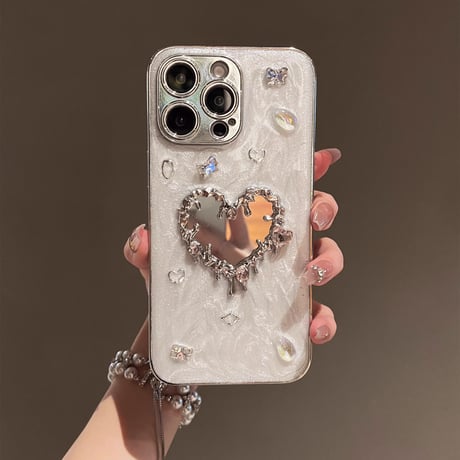 ハートミラー iPhone15pro/16ケース ジュエリー おしゃれ iPhone14pro/13/12proカバー 女子力高い [M4601]