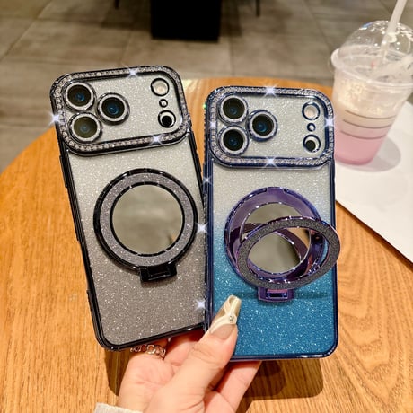 iPhone17/17Proケース 鏡付Magsafeリングスタンド iPhone16/15Proケース  ストーン  綺麗 多機能 コスパ最強[M3769]