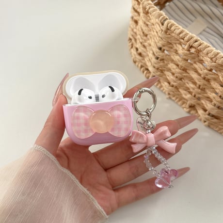 リボンデコ AirpodsPro3ケース  光沢感 Airpods4/3カバー pro2/Pro1ケース 可愛いキーホルダー付き [M6461]