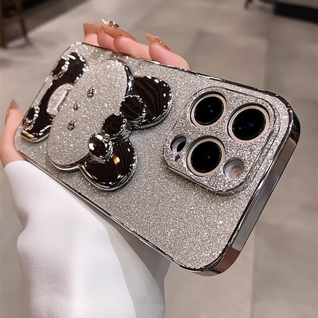 ウサギ鏡兼スタンド iPhone16/16Proケース  キラキラ iPhone15pro/14/13Proカバー 可愛い 多機能 耐衝撃[M4929]