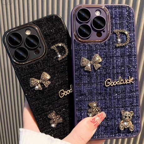 布地 iPhone16/15plusケース  放熱仕様 iPhone14/13proソフトケース カメラ保護 リボン熊ちゃんデコ 秋冬人気[M3618]
