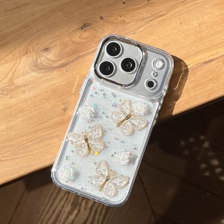 蝶々デコ iphone17Pro/17ケース きれい花  キラキララメ iPhone16Pro/15Promax/14/14/12カバー  オシャレ 女子力高い[M5928]