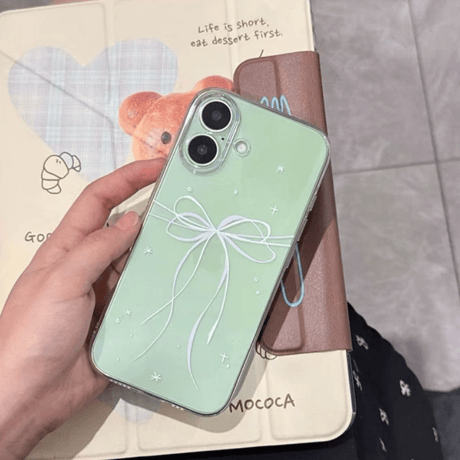 甘めリボン柄 iPhone17/17Proケース ラベンダー/ミストブルー/セージ/オレンジに合う iPhone16/15Pro/14カバー クリアケース [M6639]